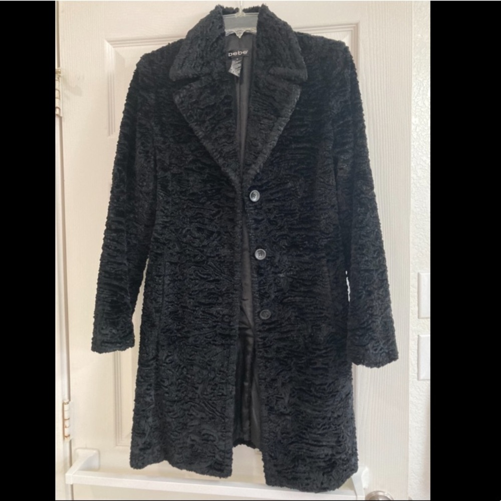 Bebe Trench Coat Black Faux Shearling Fur size Small